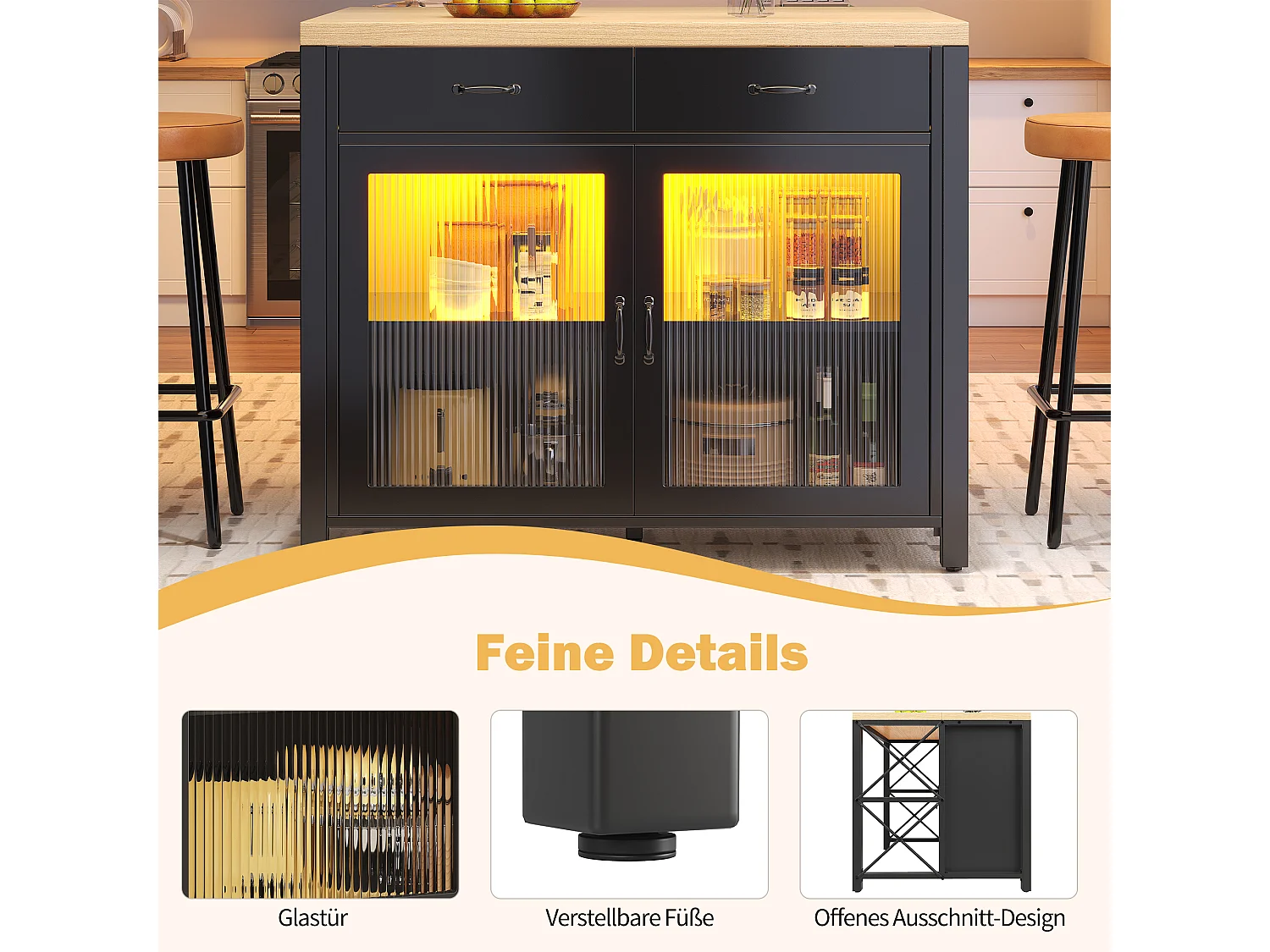 Îlot de Cuisine avec LED, Table de Bar Noire avec Plateau Effet Bois,avec Porte en Verre, 2 Tiroirs - Noir