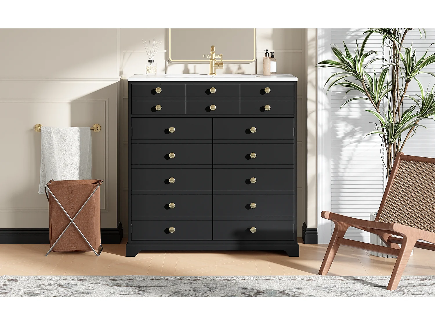 Meuble de Salle de Bain 92cm avec Vasque en Céramique, avec Tiroirs et Charnières Soft-Close - Noir