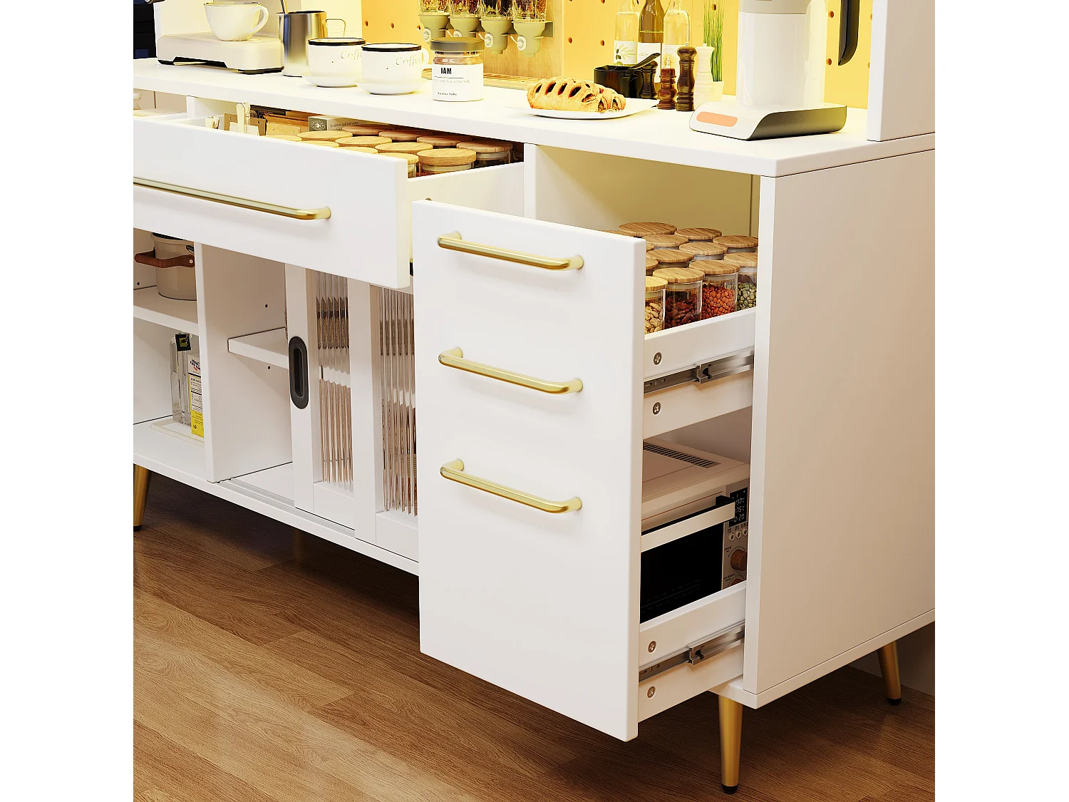 Szafka kuchenna 145x171cm z LED, perforowany panel MDF, 2 szuflady, drzwi przesuwne - biały