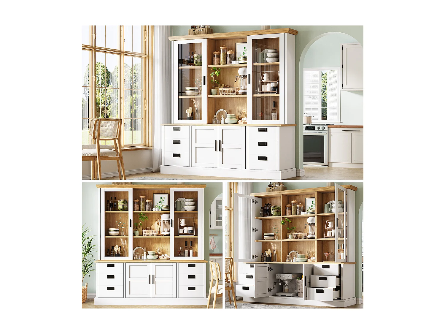 Buffet de Cuisine Grand Format 140x185cm, Armoire de Rangement avec 6 Grands Tiroirs et Portes en Verre, Blanc