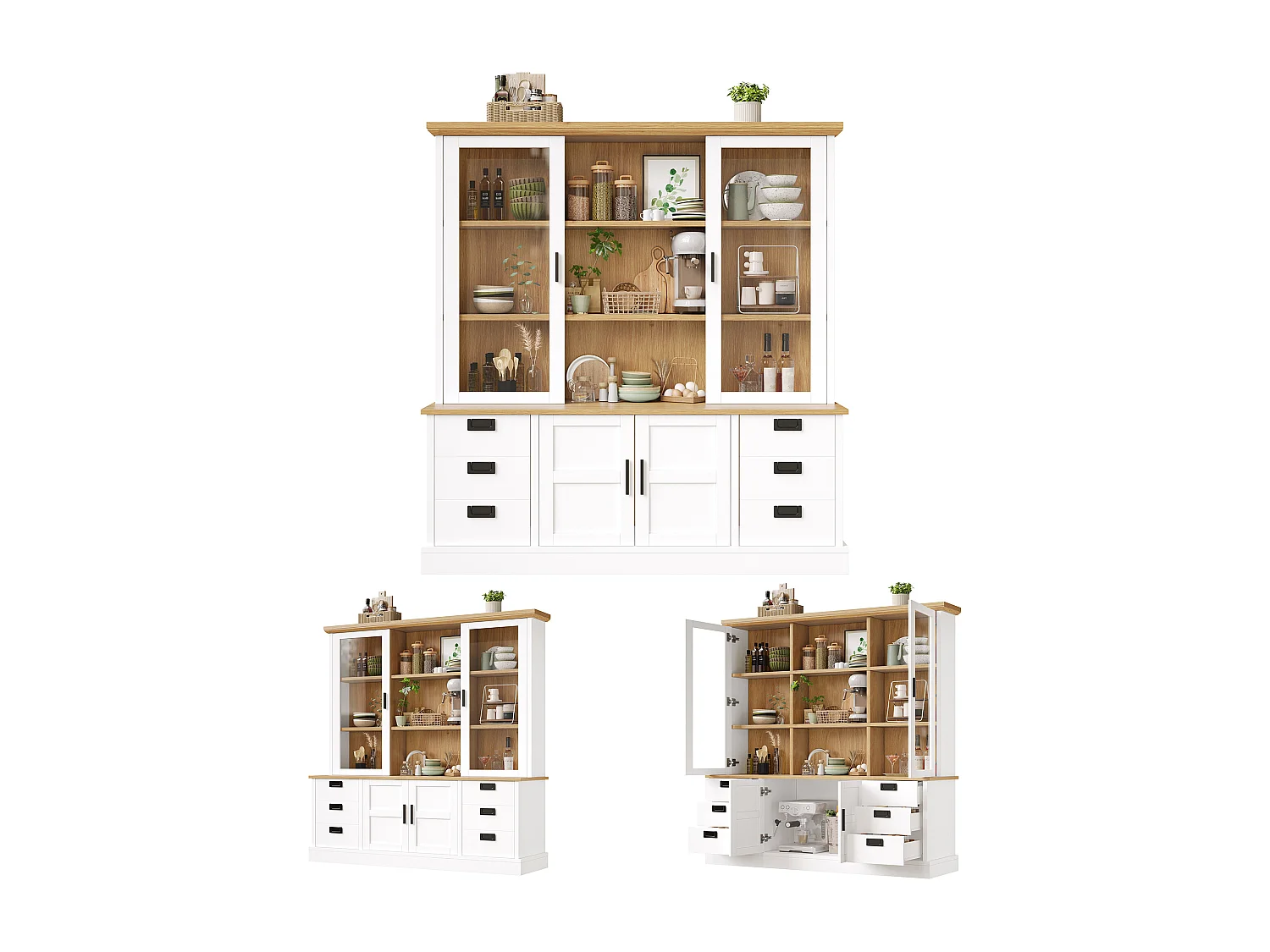 Buffet de Cuisine Grand Format 140x185cm, Armoire de Rangement avec 6 Grands Tiroirs et Portes en Verre, Blanc