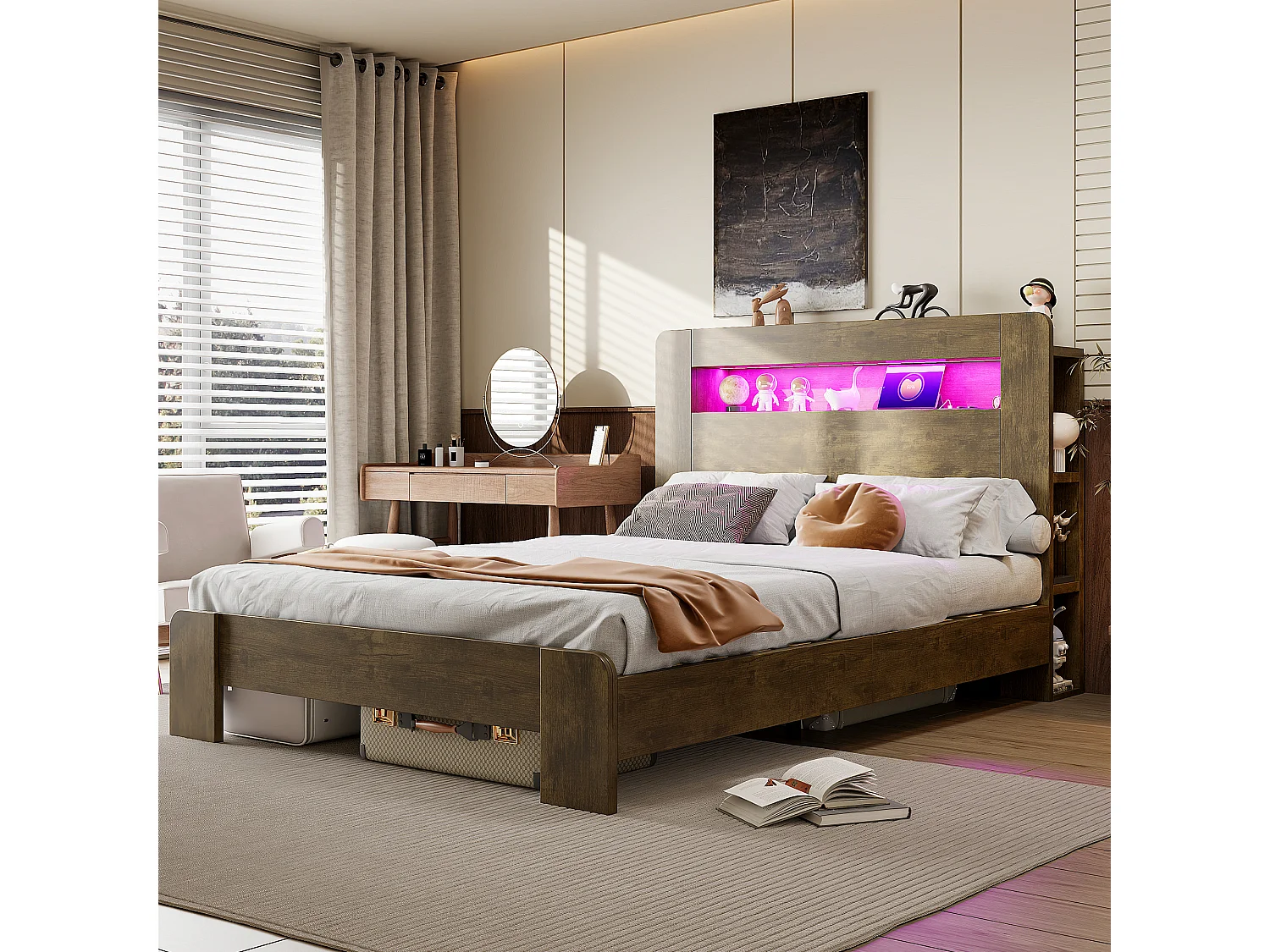 Cama de madera 140 x 200 cm - con espacio de almacenamiento - equipada con luz LED - con toma de corriente - natural (colchón no incluido)