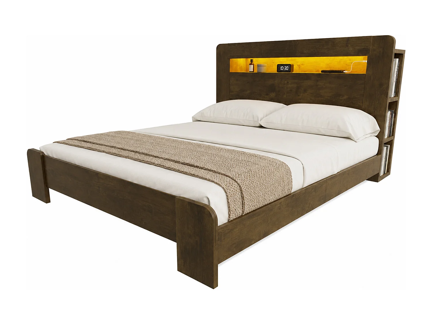 Cama de madera 140 x 200 cm - con espacio de almacenamiento - equipada con luz LED - con toma de corriente - natural (colchón no incluido)