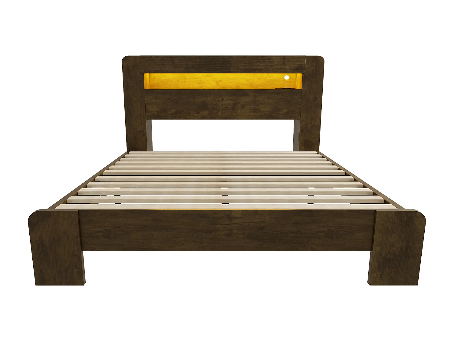Cama de madera 140 x 200 cm - con espacio de almacenamiento - equipada con luz LED - con toma de corriente - natural (colchón no incluido)