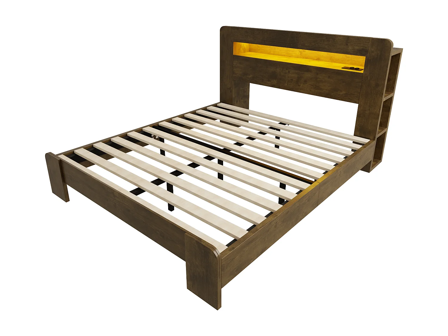 Cama de madera 140 x 200 cm - con espacio de almacenamiento - equipada con luz LED - con toma de corriente - natural (colchón no incluido)