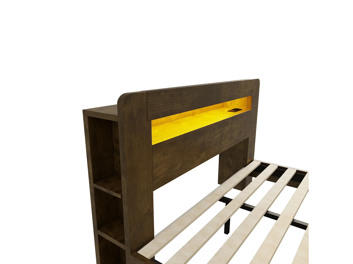 Cama de madera 140 x 200 cm - con espacio de almacenamiento - equipada con luz LED - con toma de corriente - natural (colchón no incluido)