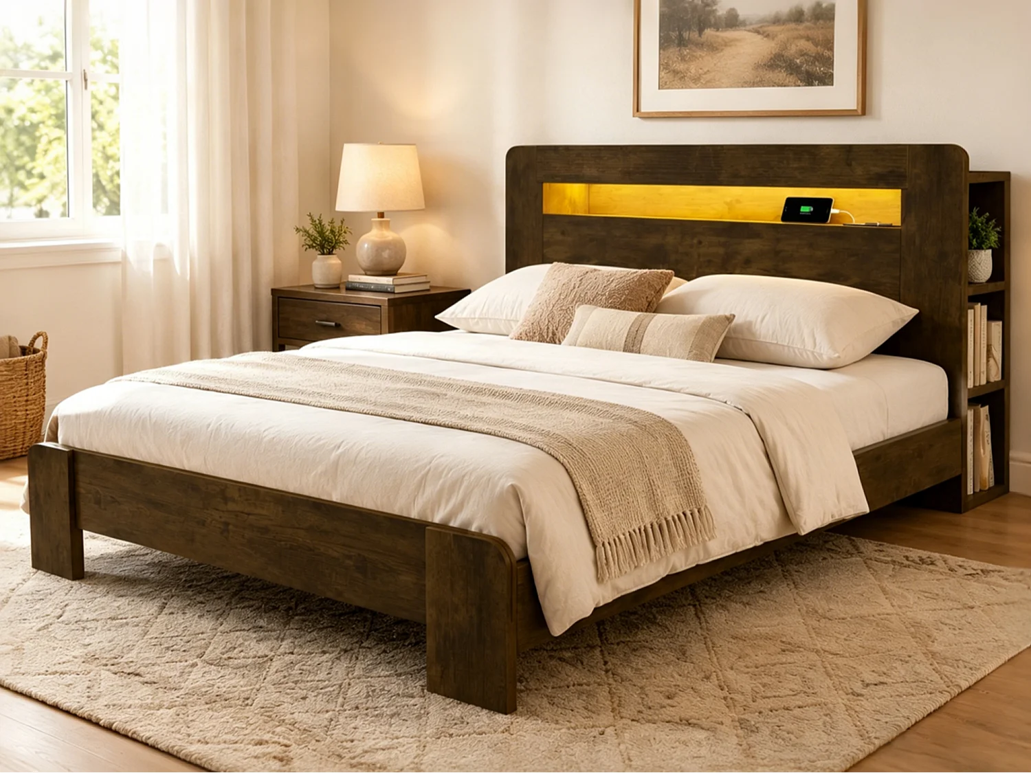 Cama de madera 140 x 200 cm - con espacio de almacenamiento - equipada con luz LED - con toma de corriente - natural (colchón no incluido)