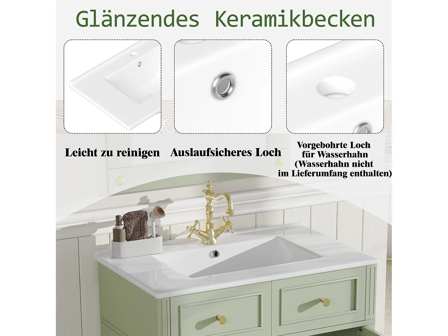 Meuble de Salle de Bain 81cm avec Vasque en Céramique, Meuble Sous-Vasque avec Tiroir Soft-Close - Vert