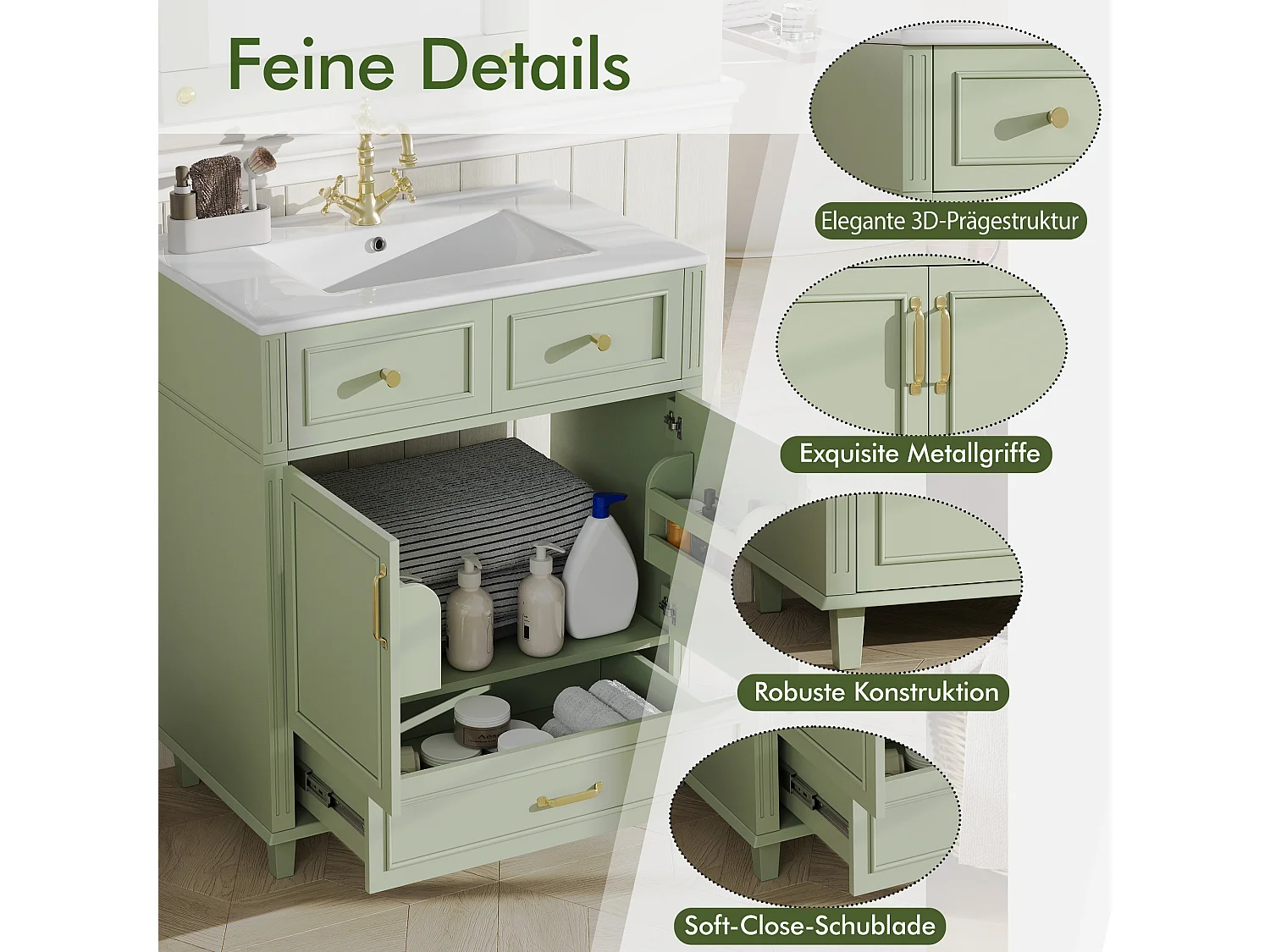 Meuble de Salle de Bain 81cm avec Vasque en Céramique, Meuble Sous-Vasque avec Tiroir Soft-Close - Vert