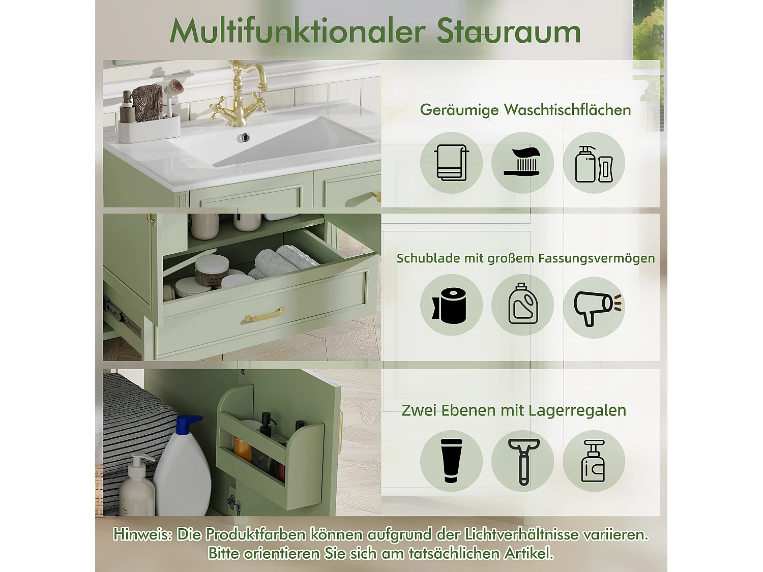 Meuble de Salle de Bain 81cm avec Vasque en Céramique, Meuble Sous-Vasque avec Tiroir Soft-Close - Vert