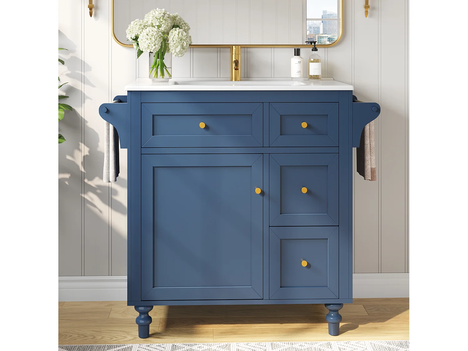 Meuble de Salle de Bain 100cm avec Vasque en Céramique, avec Tiroirs Soft-Close, Étagère Coulissante et Porte-Serviette - Bleu