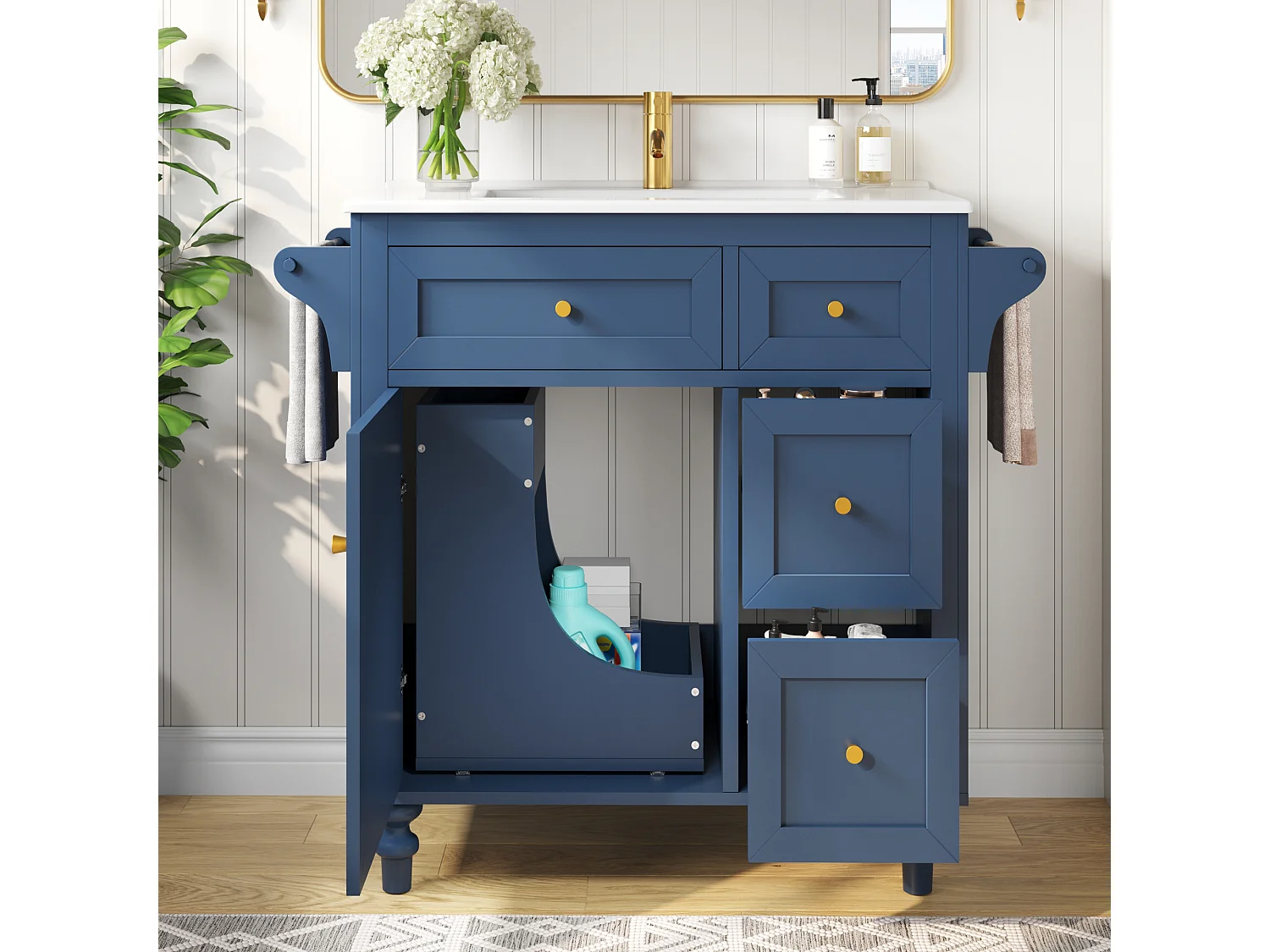 Meuble de Salle de Bain 100cm avec Vasque en Céramique, avec Tiroirs Soft-Close, Étagère Coulissante et Porte-Serviette - Bleu