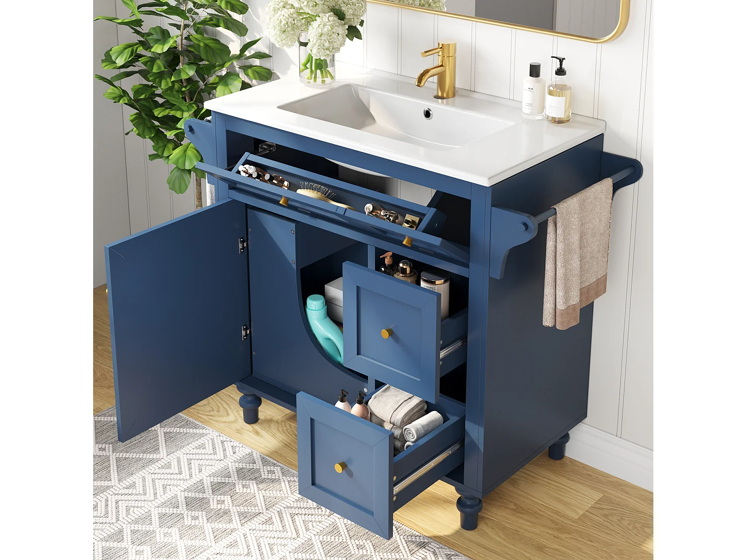 Meuble de Salle de Bain 100cm avec Vasque en Céramique, avec Tiroirs Soft-Close, Étagère Coulissante et Porte-Serviette - Bleu