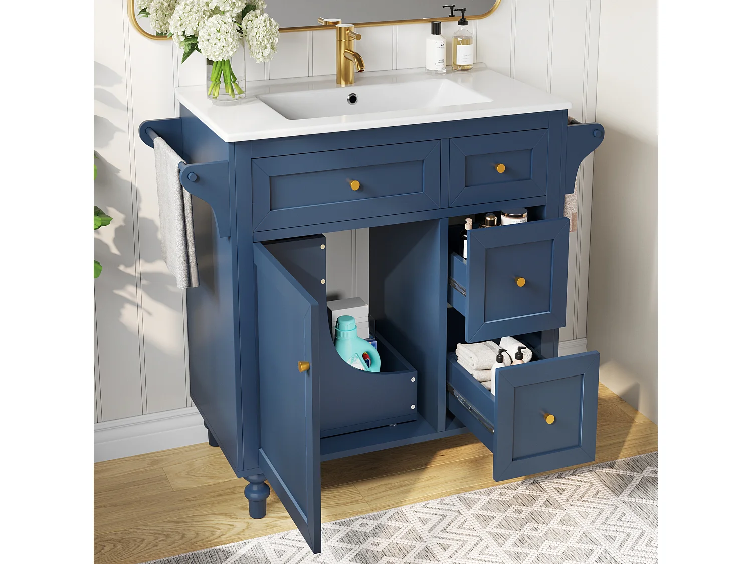 Meuble de Salle de Bain 100cm avec Vasque en Céramique, avec Tiroirs Soft-Close, Étagère Coulissante et Porte-Serviette - Bleu