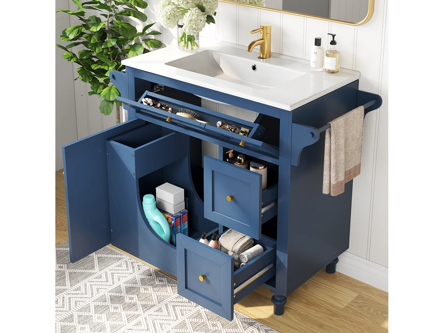 Meuble de Salle de Bain 100cm avec Vasque en Céramique, avec Tiroirs Soft-Close, Étagère Coulissante et Porte-Serviette - Bleu