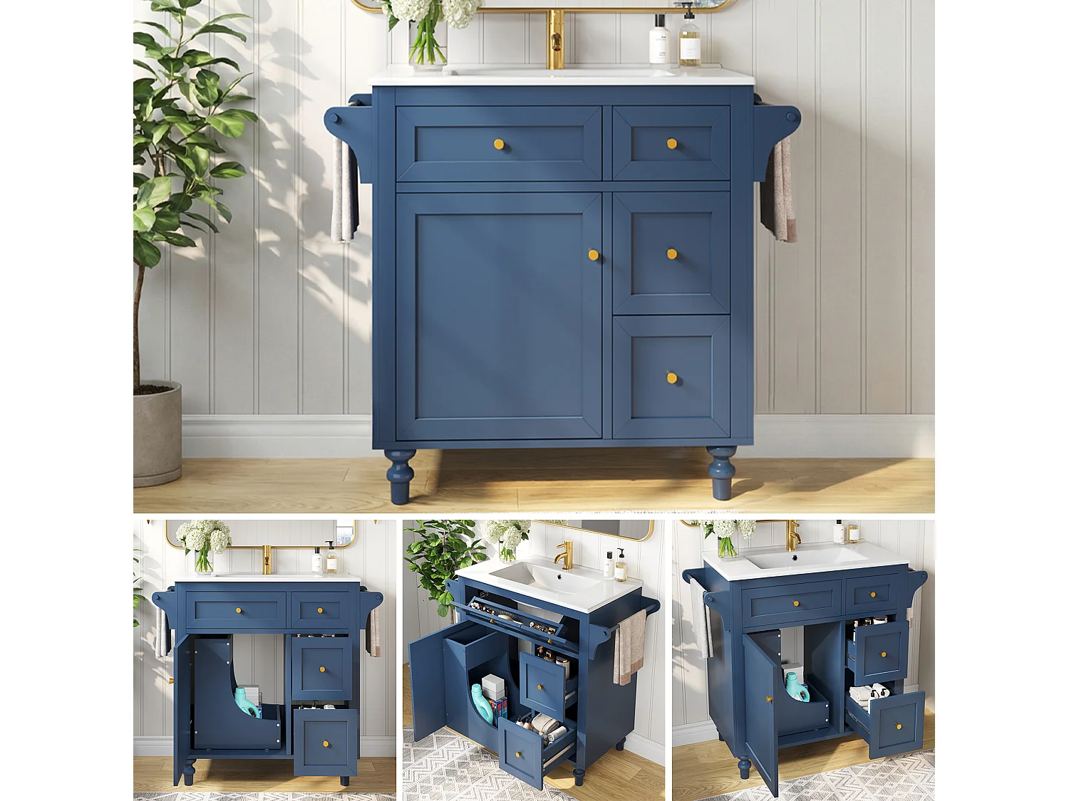 Meuble de Salle de Bain 100cm avec Vasque en Céramique, avec Tiroirs Soft-Close, Étagère Coulissante et Porte-Serviette - Bleu