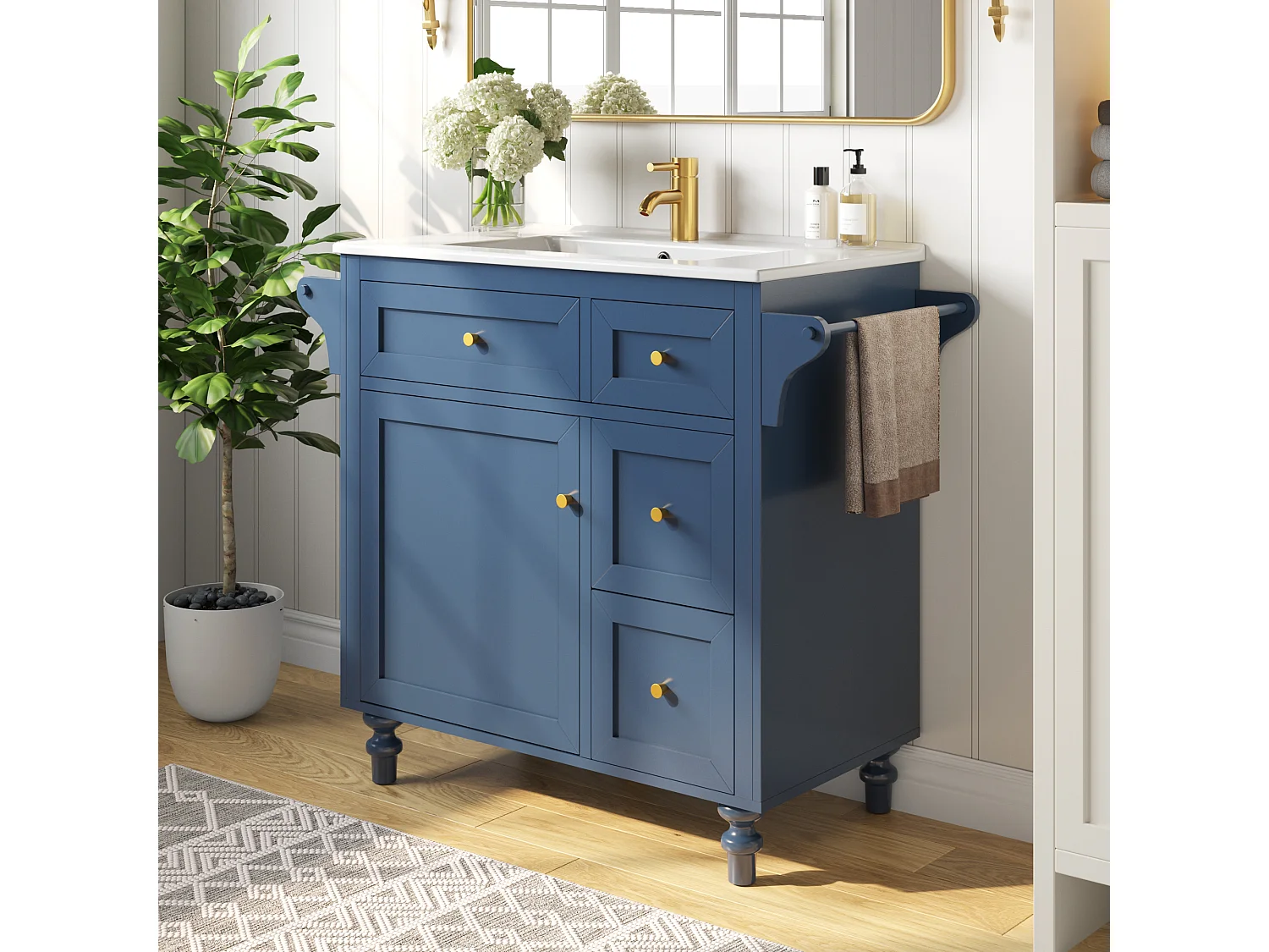 Meuble de Salle de Bain 100cm avec Vasque en Céramique, avec Tiroirs Soft-Close, Étagère Coulissante et Porte-Serviette - Bleu