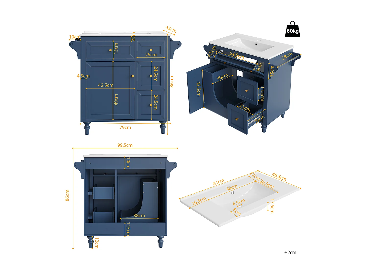 Meuble de Salle de Bain 100cm avec Vasque en Céramique, avec Tiroirs Soft-Close, Étagère Coulissante et Porte-Serviette - Bleu