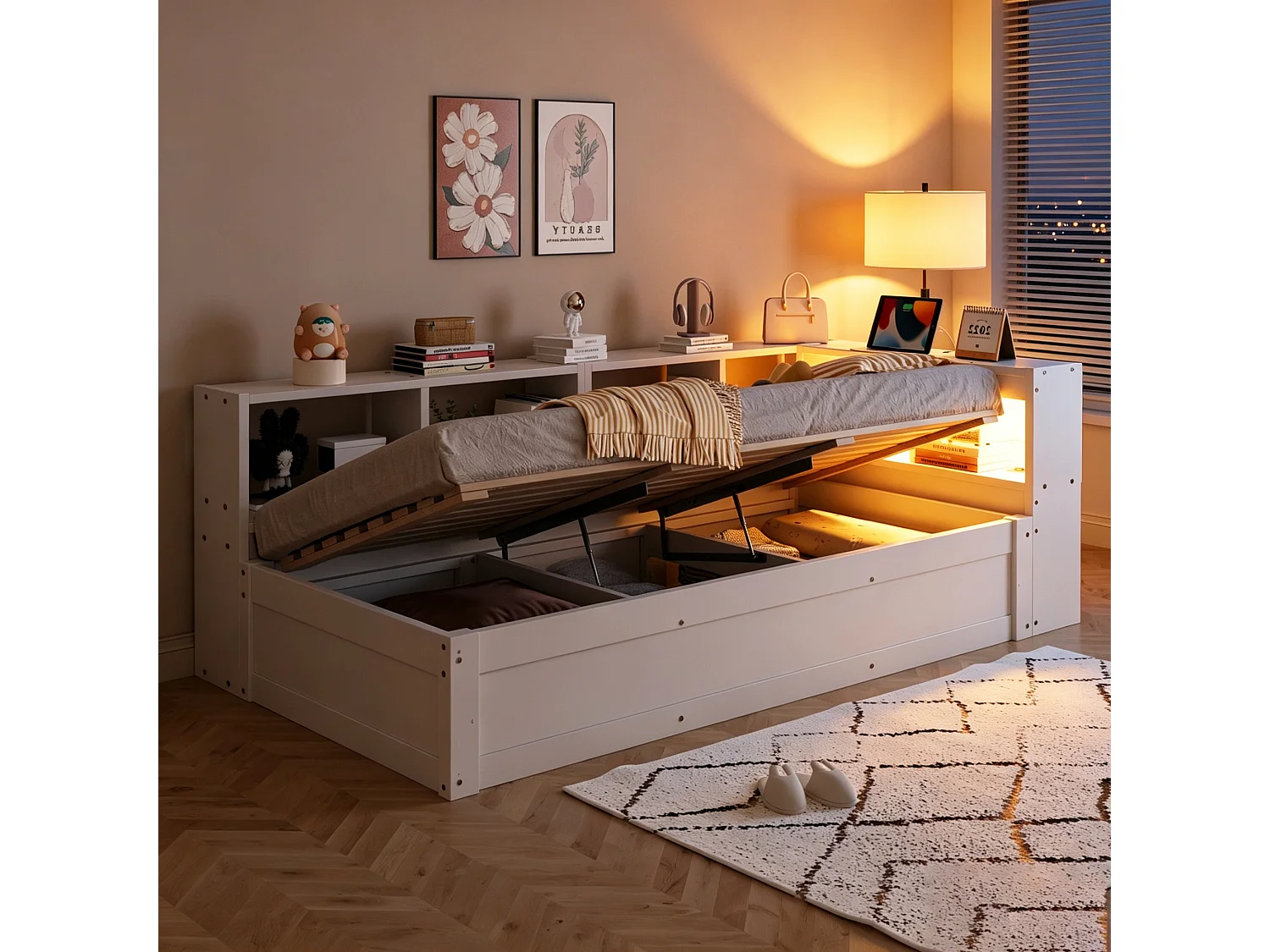 Canapé-lit 90 × 200 cm - avec prise électrique - avec compartiments de rangement - avec éclairage LED - blanc (matelas non inclus)