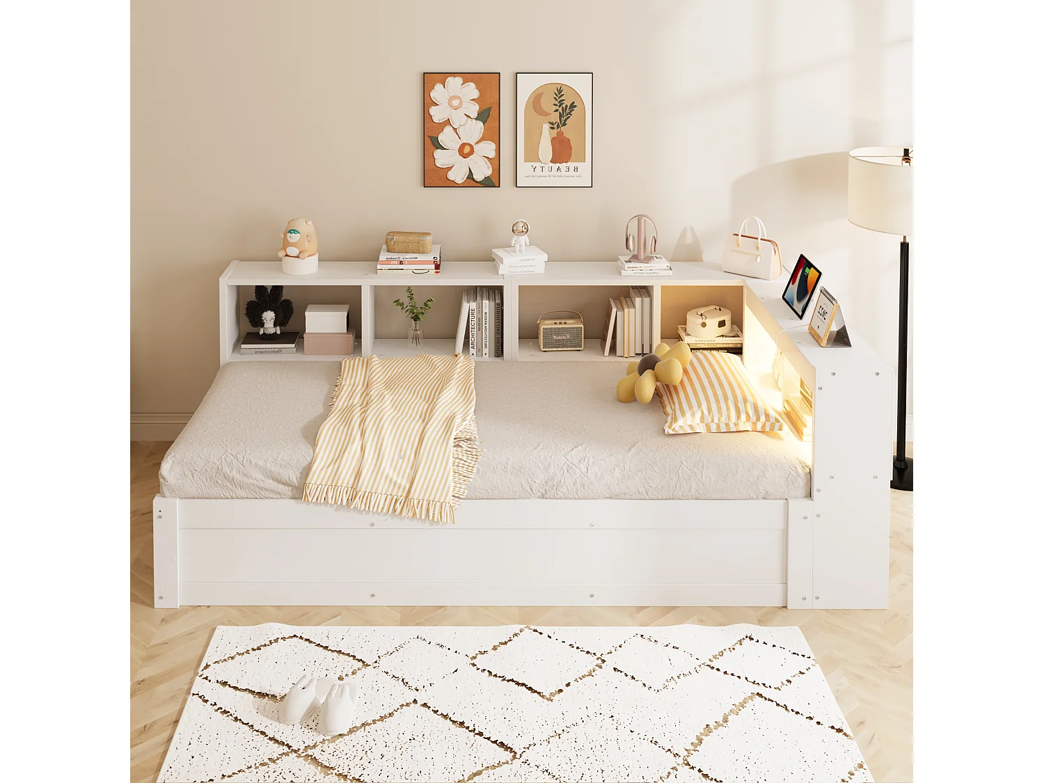Canapé-lit 90 × 200 cm - avec prise électrique - avec compartiments de rangement - avec éclairage LED - blanc (matelas non inclus)