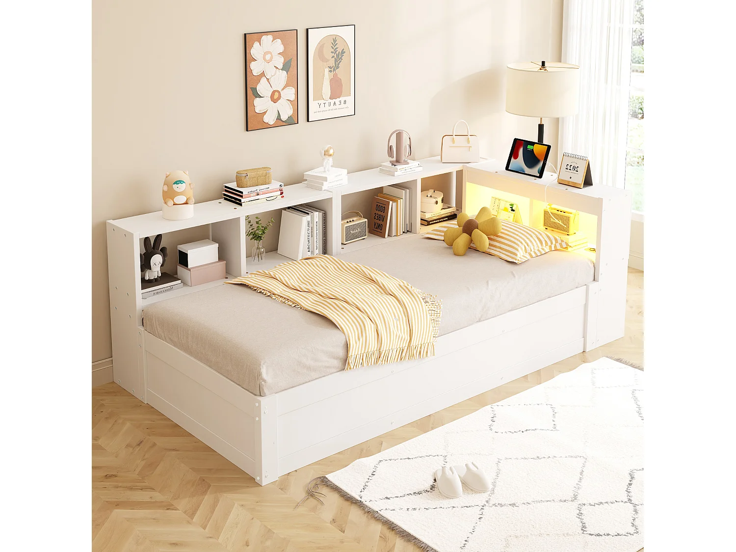 Canapé-lit 90 × 200 cm - avec prise électrique - avec compartiments de rangement - avec éclairage LED - blanc (matelas non inclus)