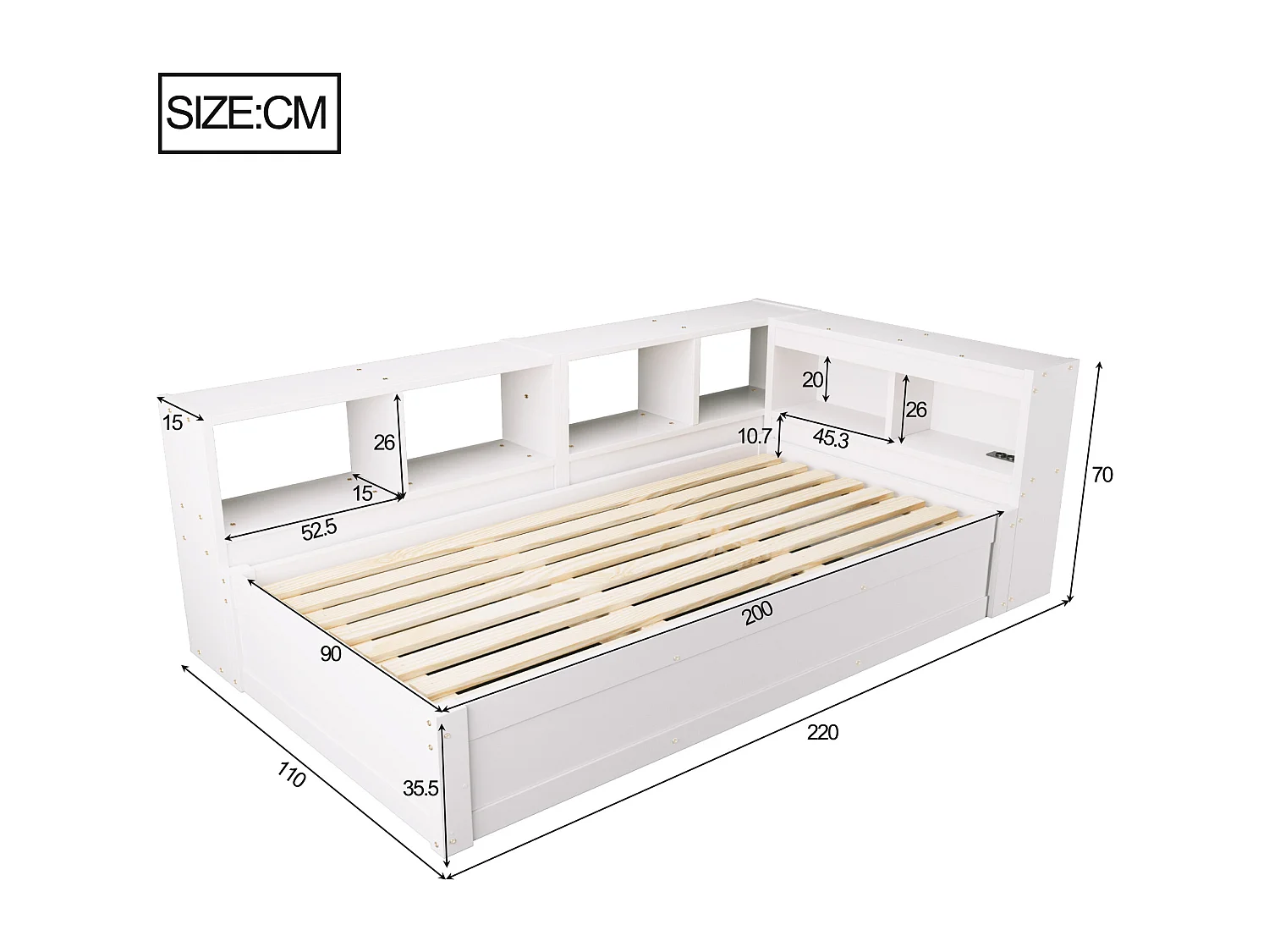 Canapé-lit 90 × 200 cm - avec prise électrique - avec compartiments de rangement - avec éclairage LED - blanc (matelas non inclus)