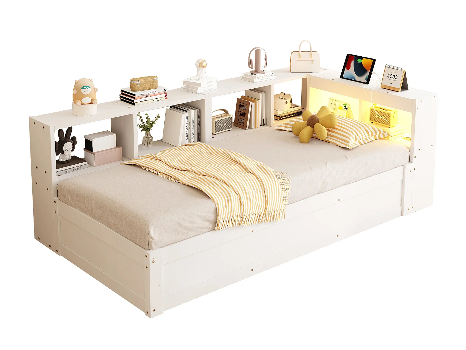 Canapé-lit 90 × 200 cm - avec prise électrique - avec compartiments de rangement - avec éclairage LED - blanc (matelas non inclus)