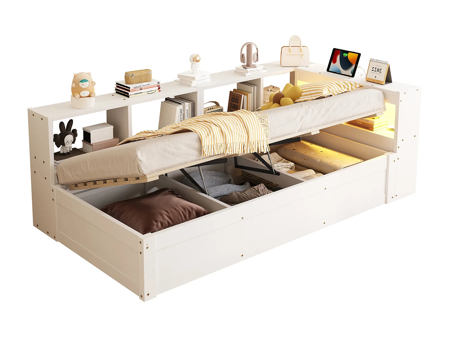 Canapé-lit 90 × 200 cm - avec prise électrique - avec compartiments de rangement - avec éclairage LED - blanc (matelas non inclus)