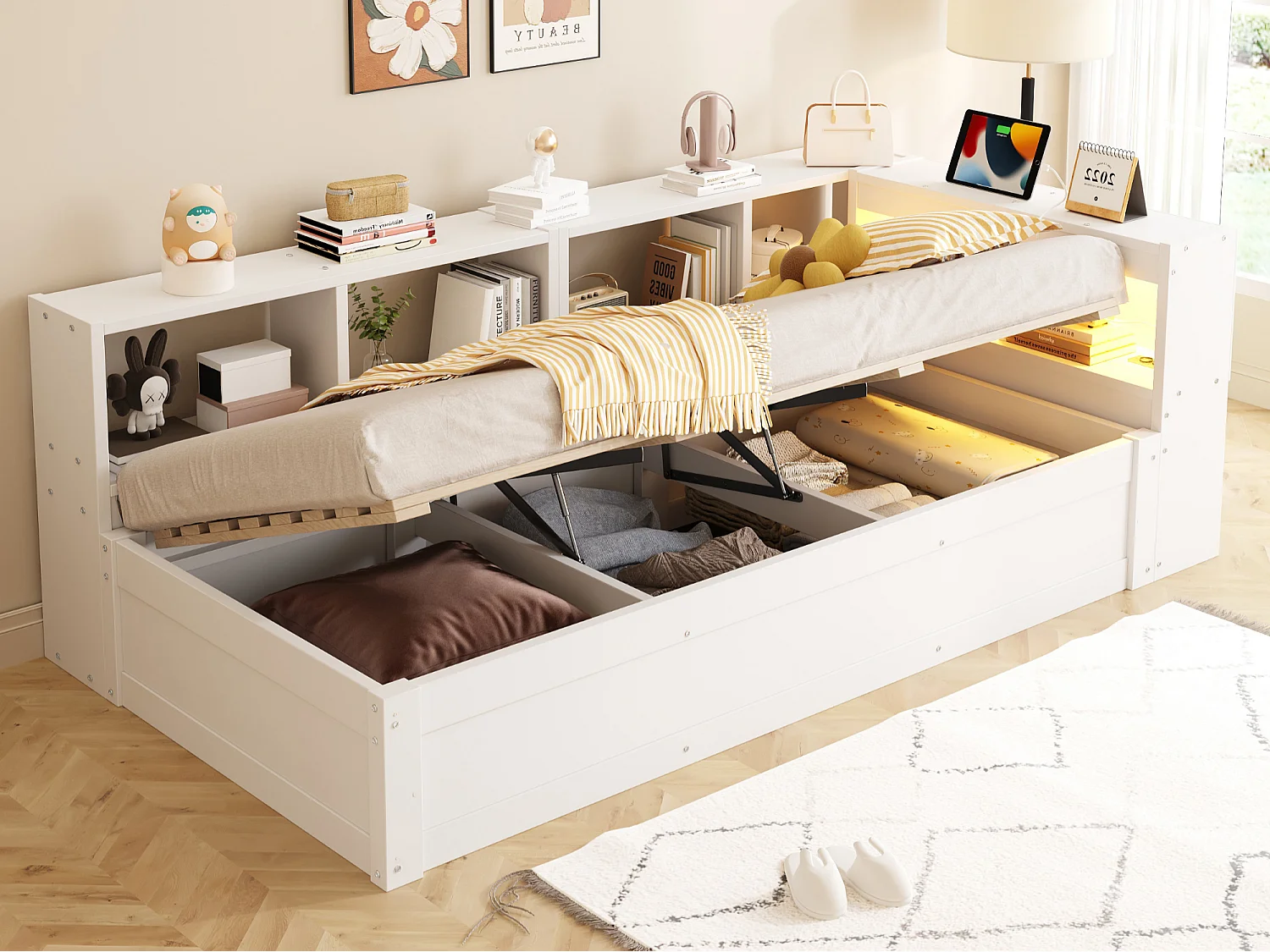 Canapé-lit 90 × 200 cm - avec prise électrique - avec compartiments de rangement - avec éclairage LED - blanc (matelas non inclus)
