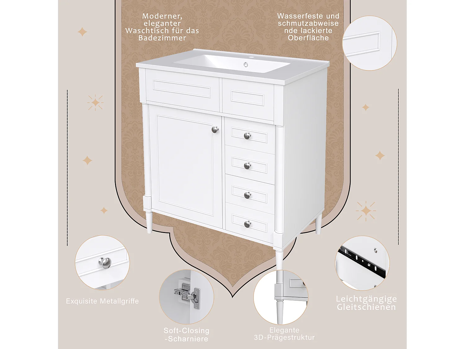 Ensemble Meuble de Salle de Bain Blanc 76,5cm avec Vasque en Céramique - Meuble Sous-Vasque à 2 Tiroirs - Soft-Close - Blanc