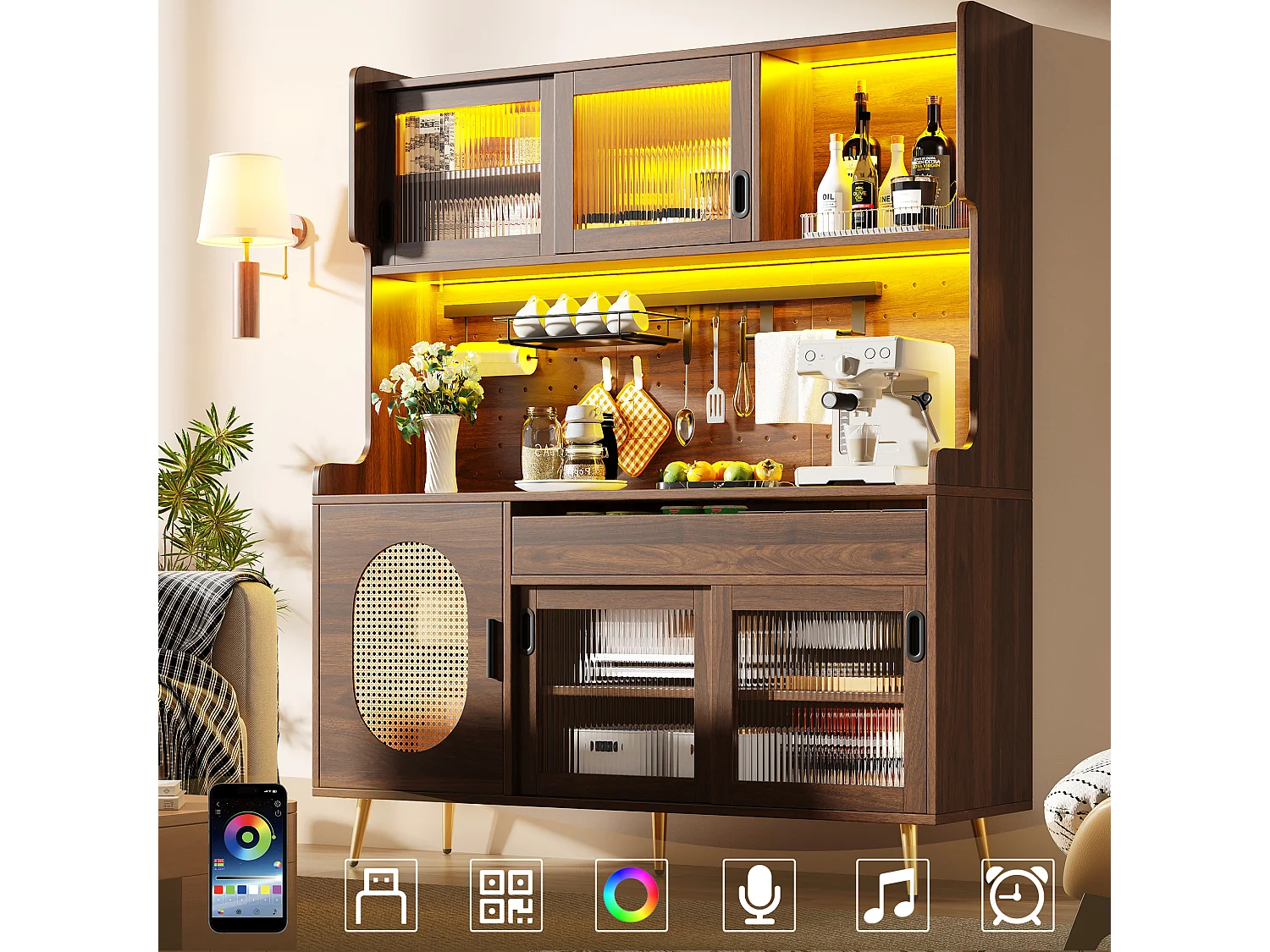 Buffet de Cuisine 145x171cm avec LED , Verre Cannelé, Panneau Perforé, 5 Portes et Rangement XXL - Brun