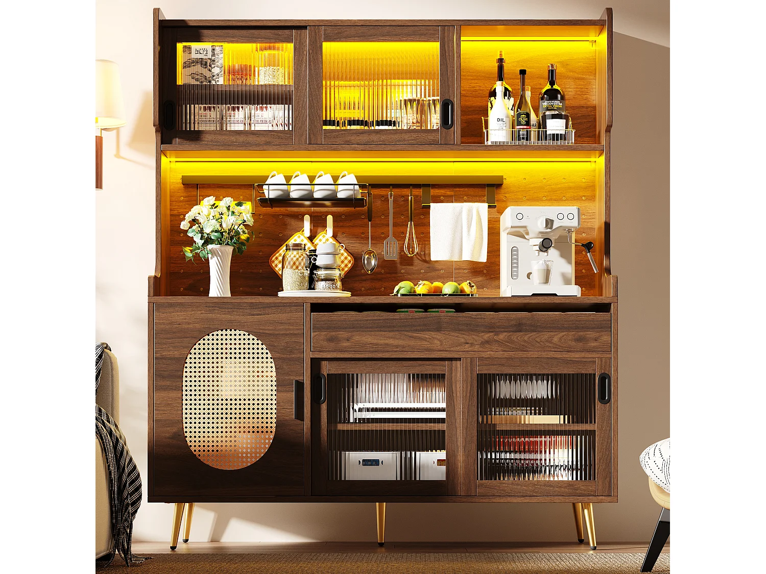 Buffet de Cuisine 145x171cm avec LED , Verre Cannelé, Panneau Perforé, 5 Portes et Rangement XXL - Brun