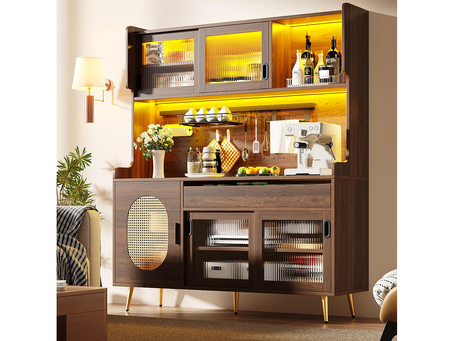 Buffet de Cuisine 145x171cm avec LED , Verre Cannelé, Panneau Perforé, 5 Portes et Rangement XXL - Brun