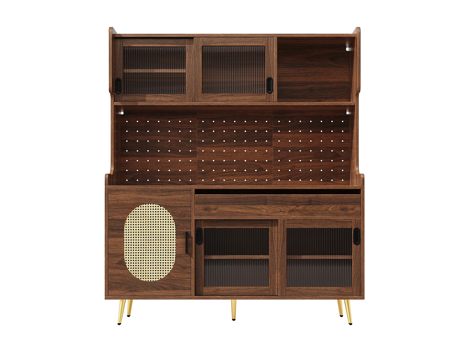 Buffet de Cuisine 145x171cm avec LED , Verre Cannelé, Panneau Perforé, 5 Portes et Rangement XXL - Brun