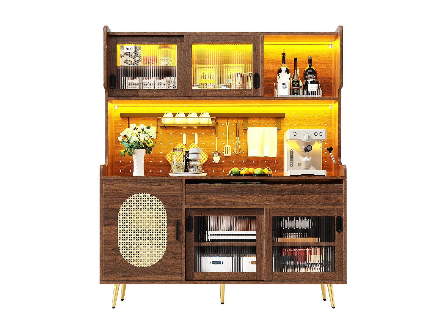 Buffet de Cuisine 145x171cm avec LED , Verre Cannelé, Panneau Perforé, 5 Portes et Rangement XXL - Brun
