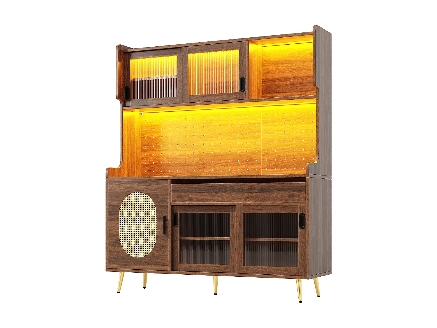 Buffet de Cuisine 145x171cm avec LED , Verre Cannelé, Panneau Perforé, 5 Portes et Rangement XXL - Brun