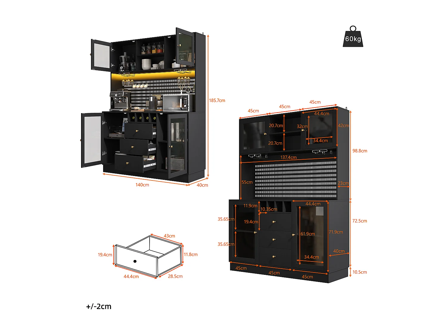 Buffet de Cuisine avec LED - Armoire Haute de Luxe avec Casier à Vin, Porte-Verres et Étagères Réglables - Noir