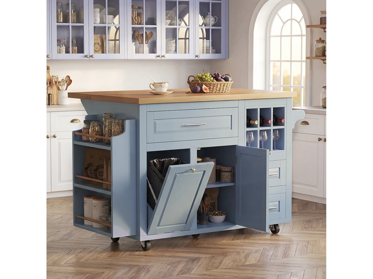 Desserte de Cuisine Mobile 143cm avec Plateau Pliable, Îlot sur Roulettes avec Support Poubelle, Panier à Vin - Bleu
