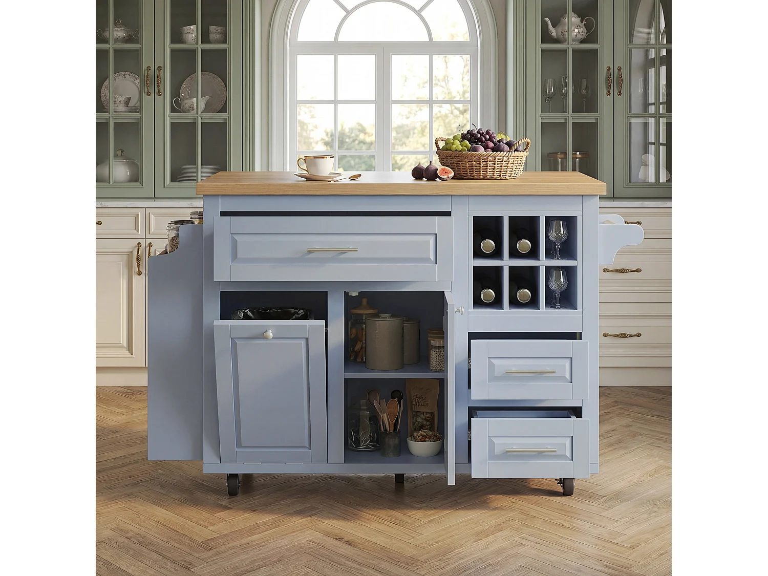 Desserte de Cuisine Mobile 143cm avec Plateau Pliable, Îlot sur Roulettes avec Support Poubelle, Panier à Vin - Bleu