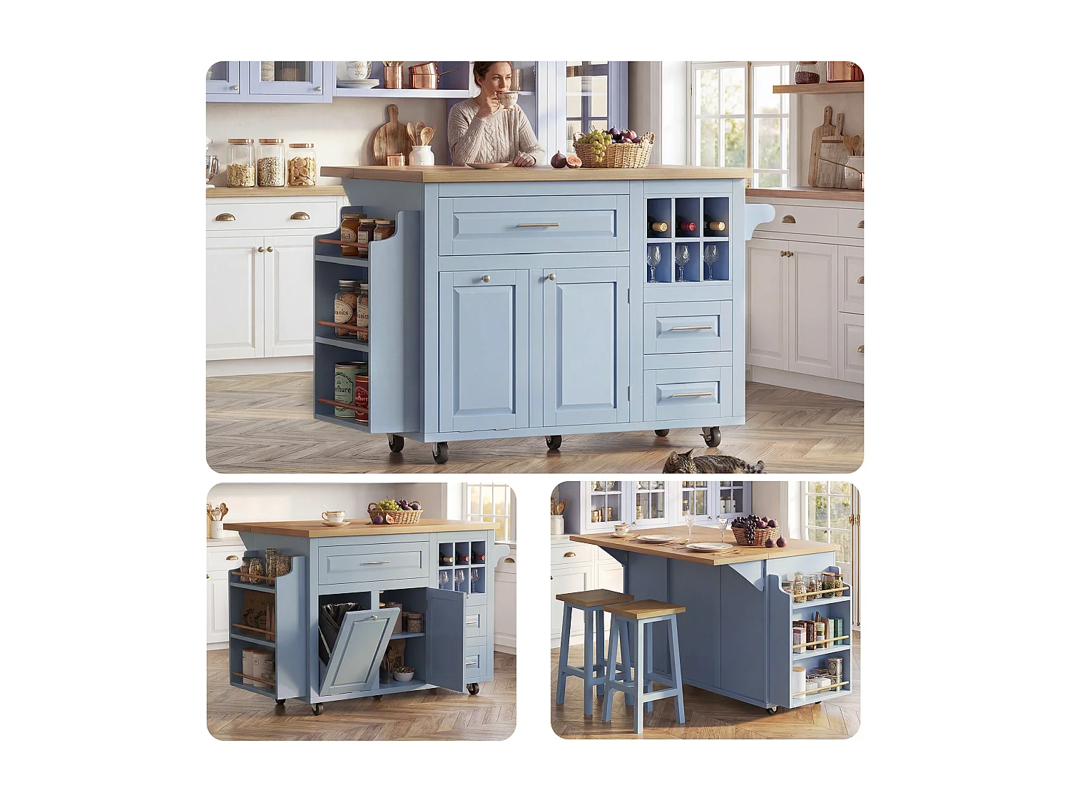 Desserte de Cuisine Mobile 143cm avec Plateau Pliable, Îlot sur Roulettes avec Support Poubelle, Panier à Vin - Bleu