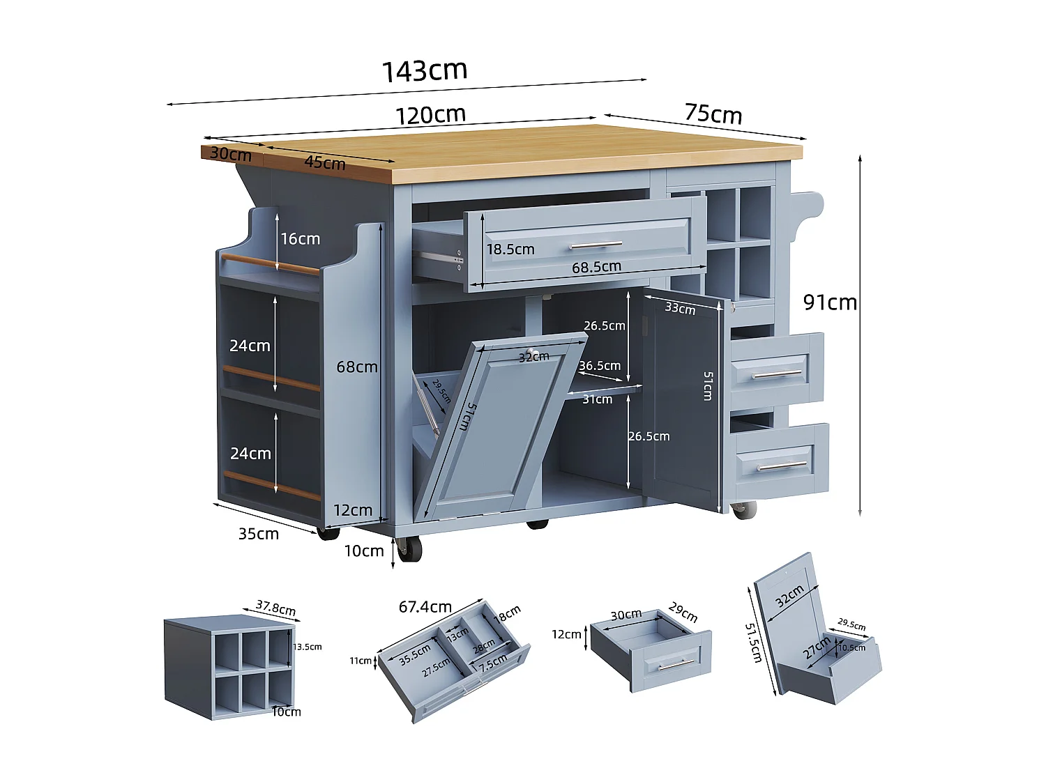 Desserte de Cuisine Mobile 143cm avec Plateau Pliable, Îlot sur Roulettes avec Support Poubelle, Panier à Vin - Bleu