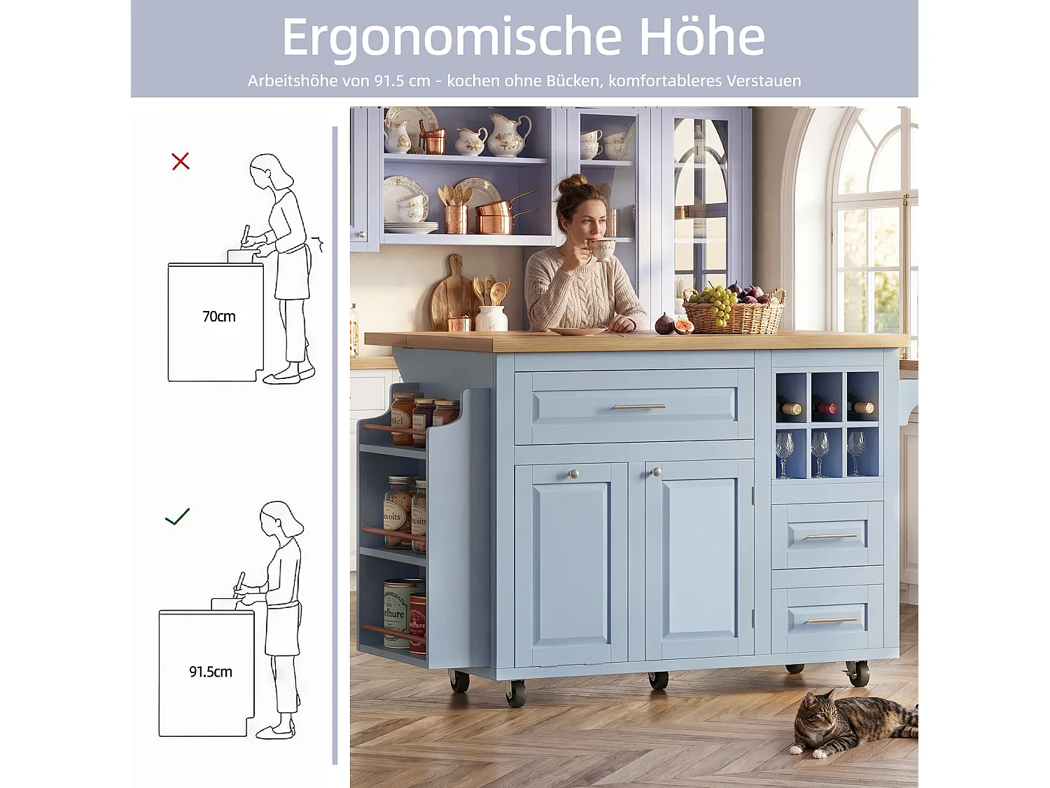 Desserte de Cuisine Mobile 143cm avec Plateau Pliable, Îlot sur Roulettes avec Support Poubelle, Panier à Vin - Bleu