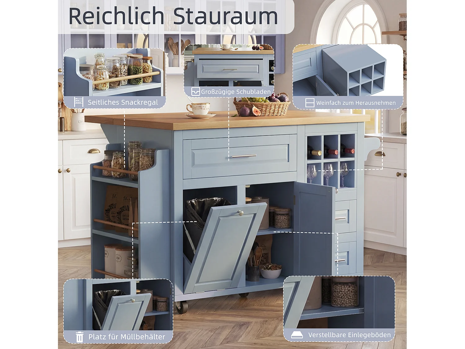 Desserte de Cuisine Mobile 143cm avec Plateau Pliable, Îlot sur Roulettes avec Support Poubelle, Panier à Vin - Bleu