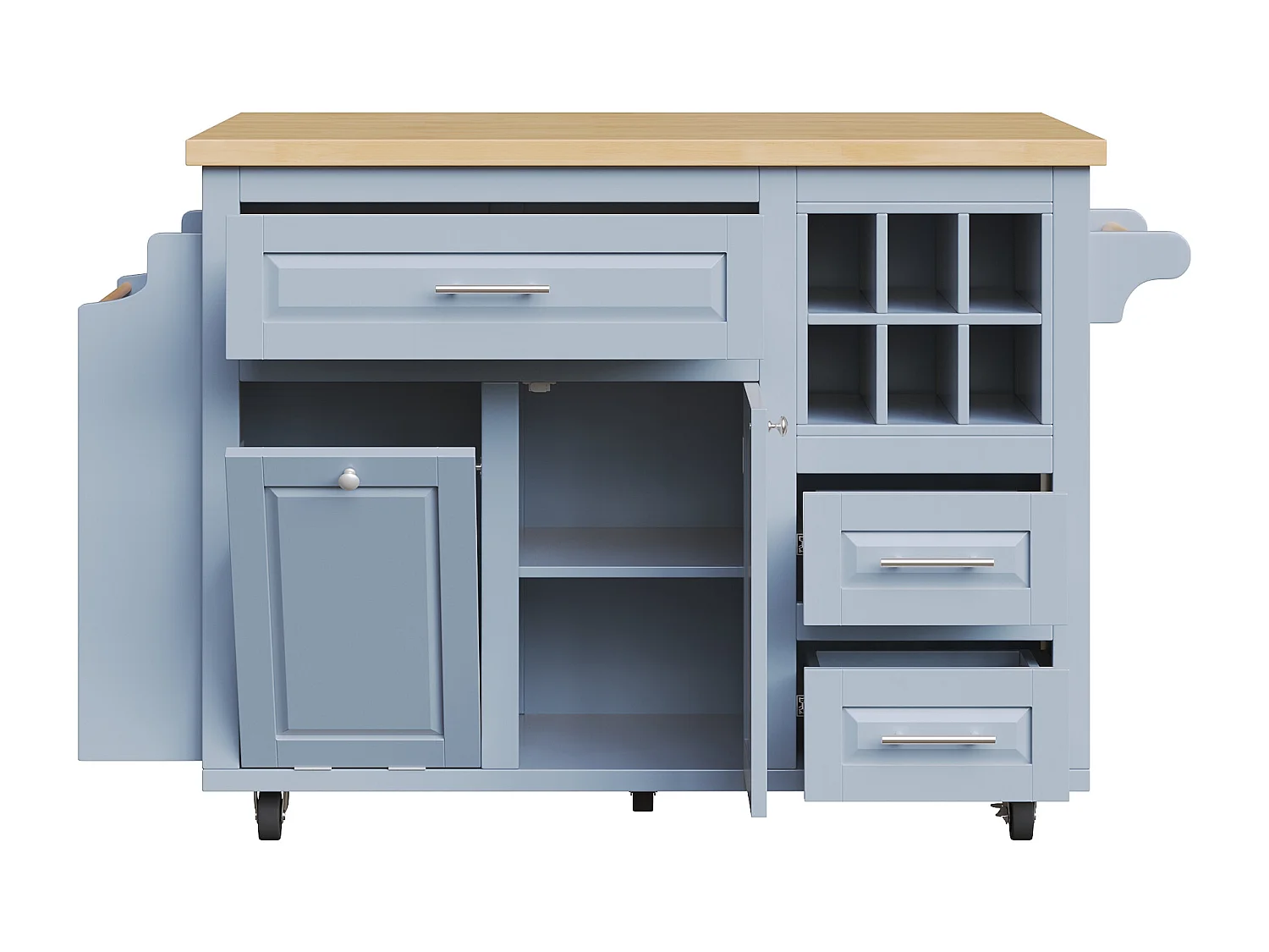 Desserte de Cuisine Mobile 143cm avec Plateau Pliable, Îlot sur Roulettes avec Support Poubelle, Panier à Vin - Bleu