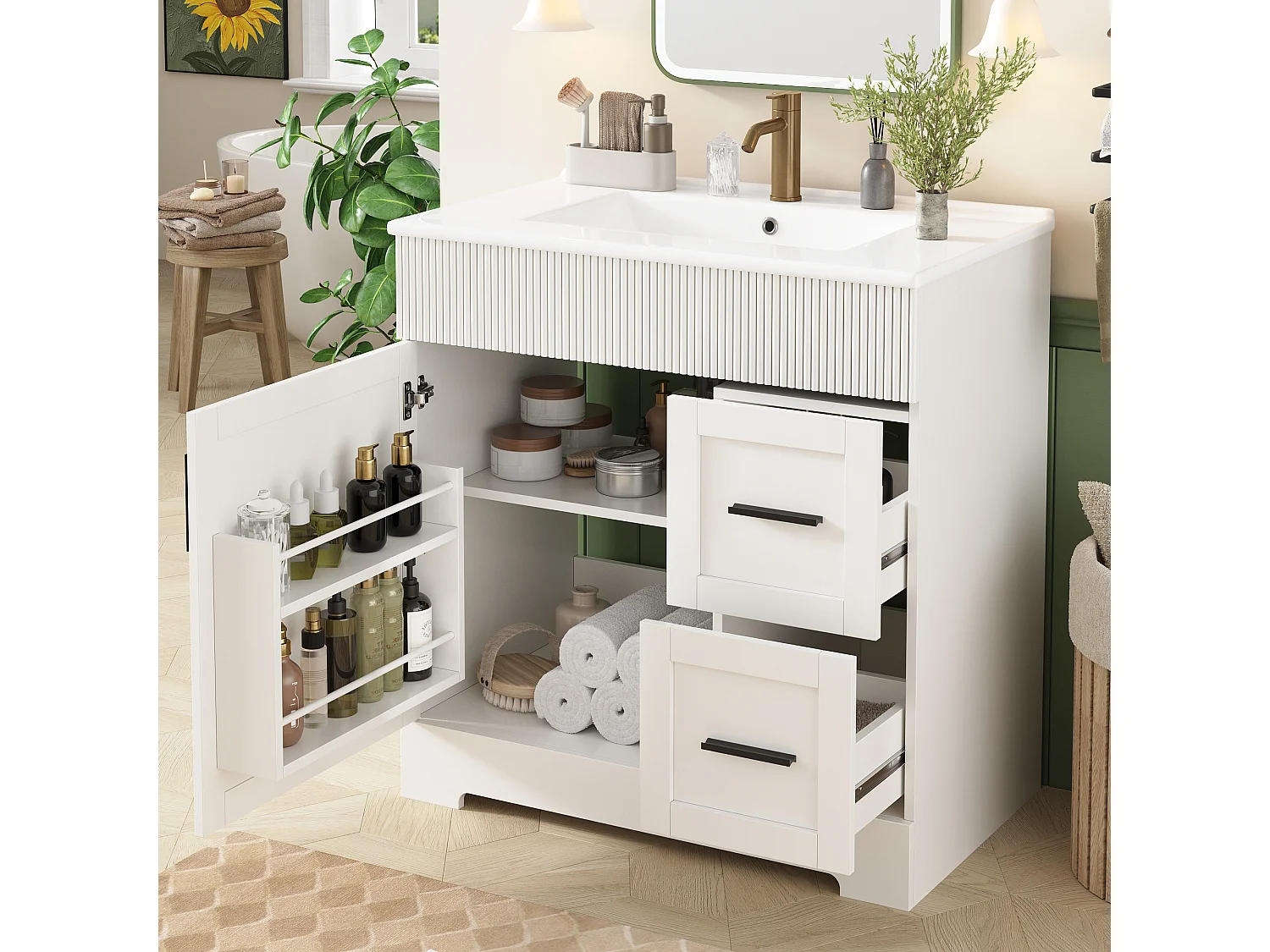 Meuble de Salle de Bain 81,5cm avec Vasque en Céramique, avec 2 Tiroir et Étagère Latérale - Blanc
