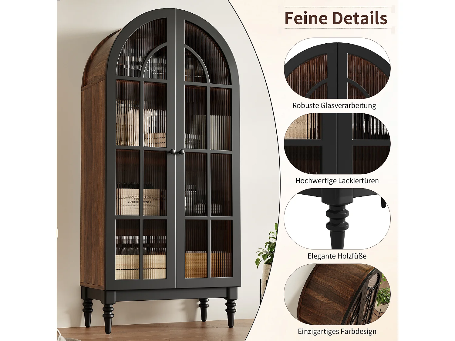 Hohe Vitrine mit Bogen 76x165cm - Aufbewahrungsschrank mit Glastüren und Massivholzfüßen - Retro-Chic-Design - Nussbaum