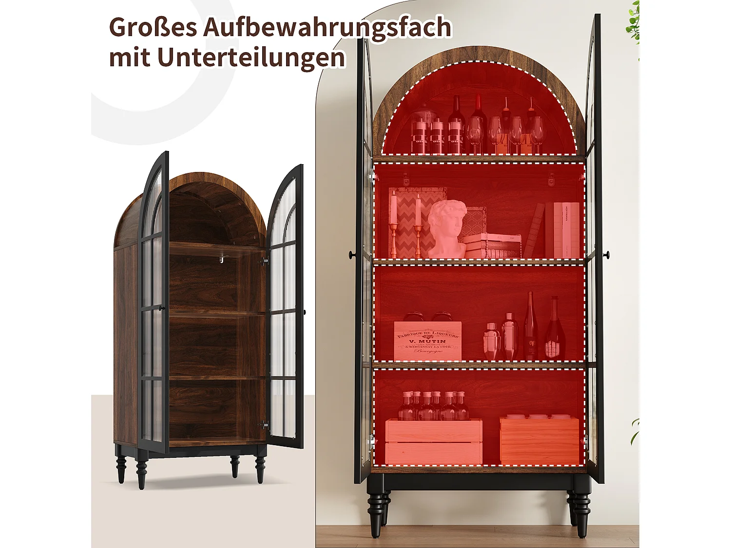 Hohe Vitrine mit Bogen 76x165cm - Aufbewahrungsschrank mit Glastüren und Massivholzfüßen - Retro-Chic-Design - Nussbaum