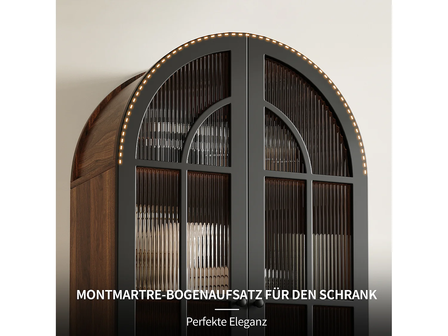 Hohe Vitrine mit Bogen 76x165cm - Aufbewahrungsschrank mit Glastüren und Massivholzfüßen - Retro-Chic-Design - Nussbaum