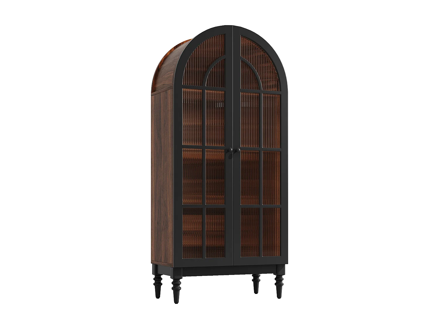 Hohe Vitrine mit Bogen 76x165cm - Aufbewahrungsschrank mit Glastüren und Massivholzfüßen - Retro-Chic-Design - Nussbaum