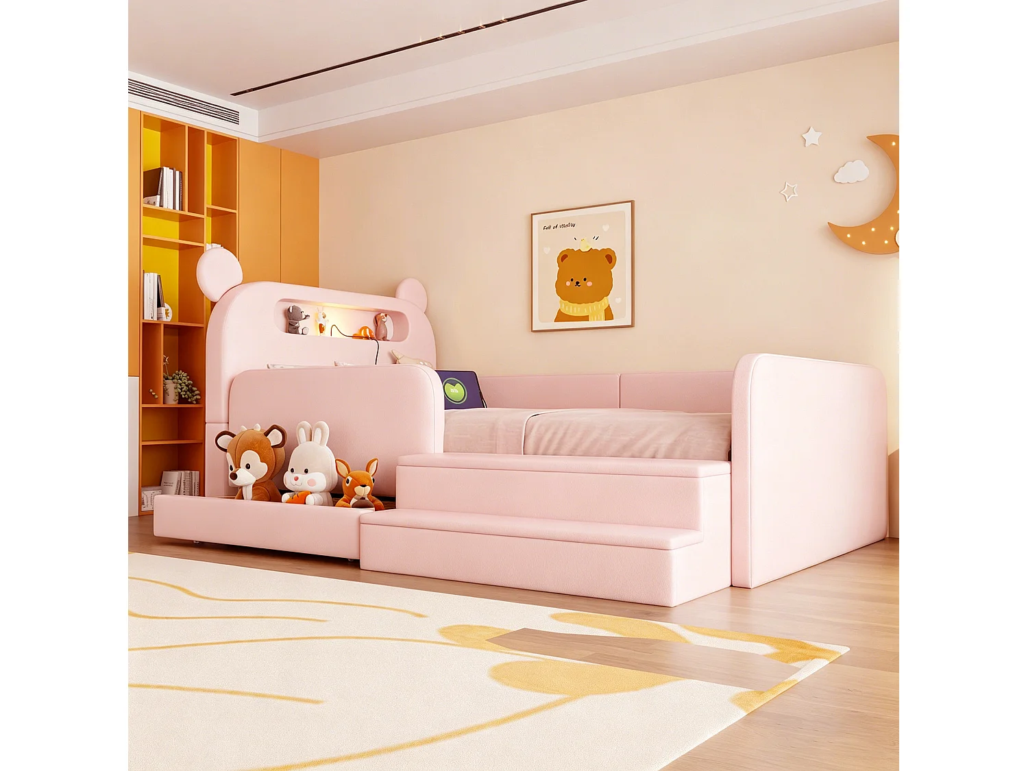 Lit enfant capitonné 90 x 200 cm - avec tête de lit ours - avec lumière - avec port de chargement USB - rose (matelas non inclus)